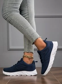 2023年新款透气轻质网眼针织简约系带纯色防滑可水洗女士运动鞋、休闲鞋、跑步鞋、步行鞋、路跑鞋 - 寶藍色 - 查看 5