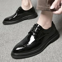 Zapatos De Vestir De Negocios Para Hombres, Zapatos Formales De Cordones Brogue Labrados - Negro - Ver 2