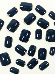 升級你的風格帶24入組素色黑色全覆蓋短方形假指甲合適的適用於日常穿著在秋天和冬天+1入組指甲銼+1入組果凍凝膠貼紙 - 黑色 - 查看 2