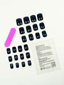 升級你的風格帶24入組素色黑色全覆蓋短方形假指甲合適的適用於日常穿著在秋天和冬天+1入組指甲銼+1入組果凍凝膠貼紙 - 黑色 - 查看 3