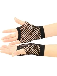 1pair Black Short Fishnet Gloves Cut Out Mesh Fingerless Gloves Punk Style Net Gloves For Nightclub Party - Black - View 2
