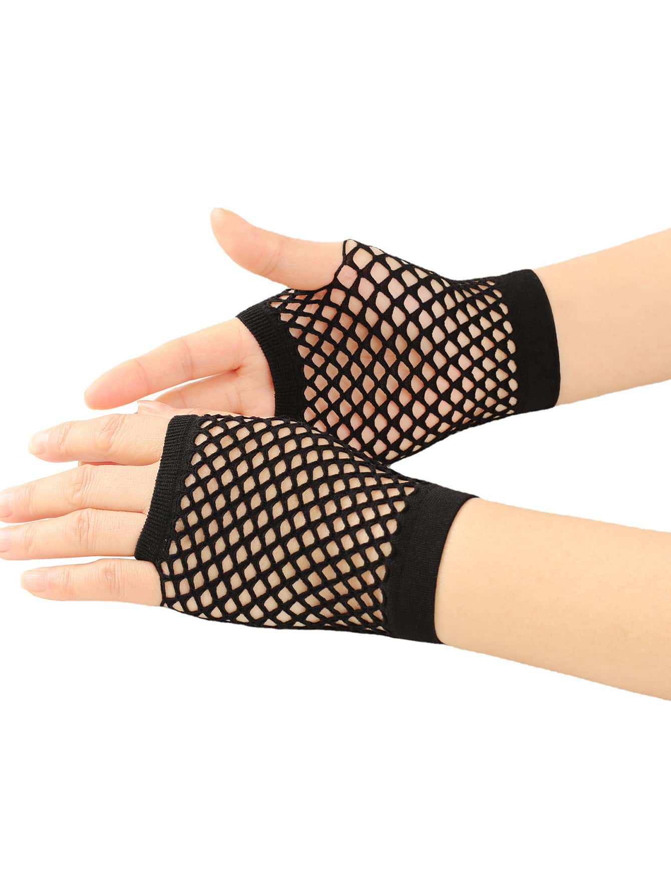 1pair Black Short Fishnet Gloves Cut Out Mesh Fingerless Gloves Punk Style Net Gloves For Nightclub Party - Black - View 1