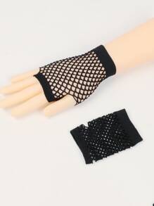 1pair Black Short Fishnet Gloves Cut Out Mesh Fingerless Gloves Punk Style Net Gloves For Nightclub Party - Black - View 3