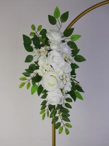 Corona floral con rosas blancas y guirnalda de hojas verdes en estilo Mori para decorar puertas, arreglos florales, banquetes y fiestas - Blanco - Ver 1