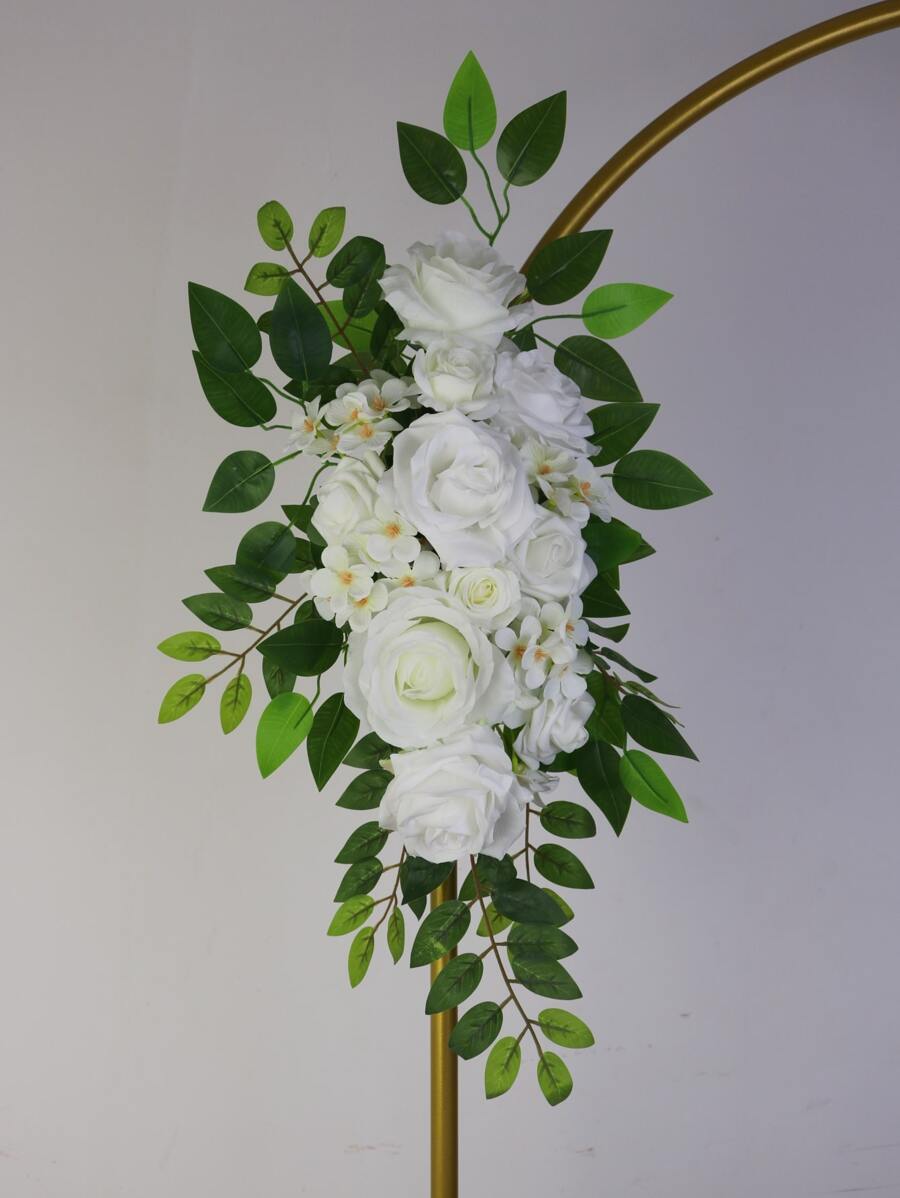Corona floral con rosas blancas y guirnalda de hojas verdes en estilo Mori para decorar puertas, arreglos florales, banquetes y fiestas - Blanco - Ver 1
