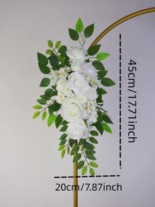 Corona floral con rosas blancas y guirnalda de hojas verdes en estilo Mori para decorar puertas, arreglos florales, banquetes y fiestas - Blanco - Ver 2