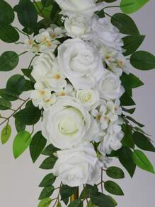 Corona floral con rosas blancas y guirnalda de hojas verdes en estilo Mori para decorar puertas, arreglos florales, banquetes y fiestas - Blanco - Ver 3