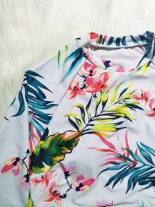 2pcs New Floral Print Long Sleeve Tankini Swimwear, Tummy Control Swimwear For Summer Beach