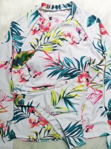 2pcs New Floral Print Long Sleeve Tankini Swimwear, Tummy Control Swimwear For Summer Beach