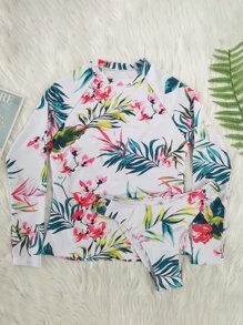 2pcs New Floral Print Long Sleeve Tankini Swimwear, Tummy Control Swimwear For Summer Beach