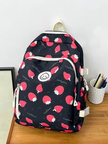 Cartoon Strawberry Print School Style Backpack, Suitable For School, Travel - Multicolor - View 1