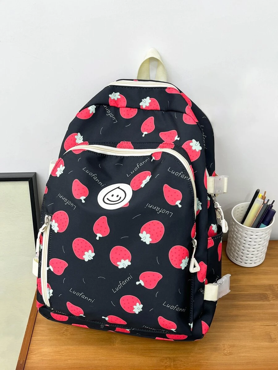 Cartoon Strawberry Print School Style Backpack, Suitable For School, Travel - Multicolor - View 1