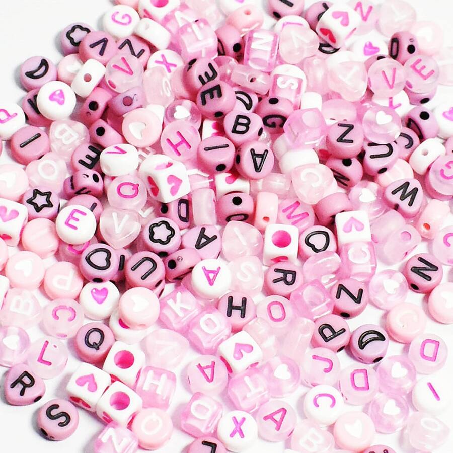 100pcs/Pack 6-7mm Mixed Alphabet & Heart Shaped Acrylic Beads In Pink Color For DIY Bracelet And Necklace Valentines - Pink - View 1