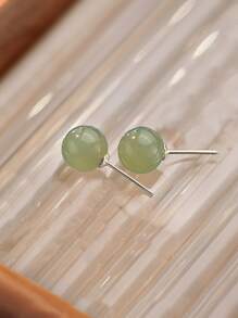 1 par de brincos de pino de jade verde femininos da moda, piercing de orelha simples e doce com revestimento de cobre e prata, presente perfeito para o dia dos namorados e uso diário
