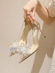 Women's Crystal Clear High Heels With Pointed Toe, Stiletto Heels, Rhinestone & Bowknot Decor, Champagne Color - Champagne - View 4