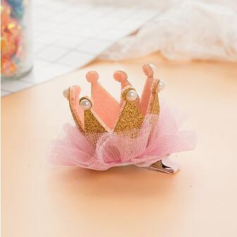 1入組女孩們粉色的王冠設計髮夾帶發亮的珍珠和網紗網,甜美風髮飾適用於生日派對