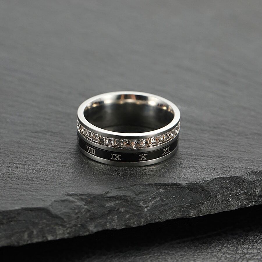 1pc Women's Stainless Steel Roman Number Rotating Square Rhinestone Inlaid Ring, Couple's Jewelry - Silver - View 1