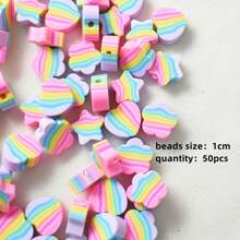 50pcs/Pack 10mm Rainbow Colored Clay Beads Mixed With Pentagram, Heart And Flower Design, Can Be Used For Bracelet And Necklace Making