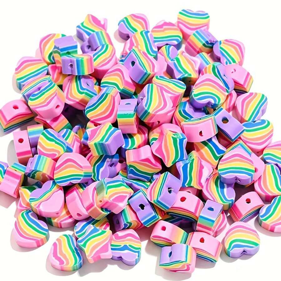 50pcs/Pack 10mm Rainbow Colored Clay Beads Mixed With Pentagram, Heart And Flower Design, Can Be Used For Bracelet And Necklace Making