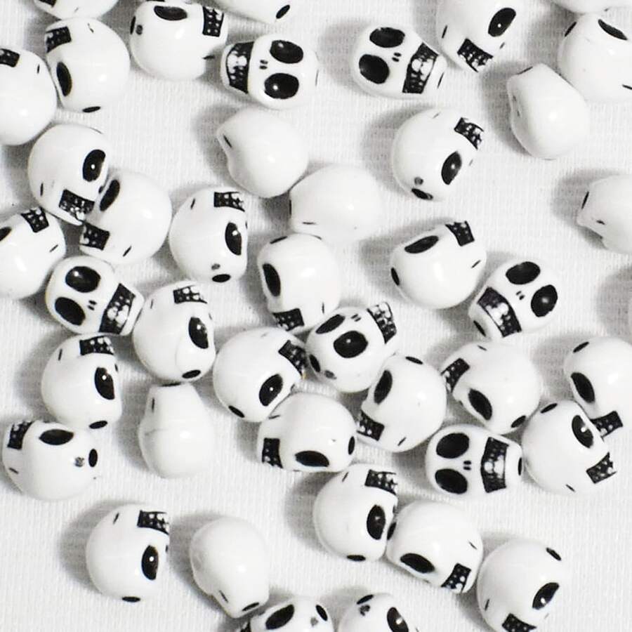 50 Cái/gói 10 Mm Đen Trắng Halloween Hình Đầu Lâu Acrylic Hạt Cho Vòng Tay, Vòng Cổ Làm - Đen và trắng - Xem 1