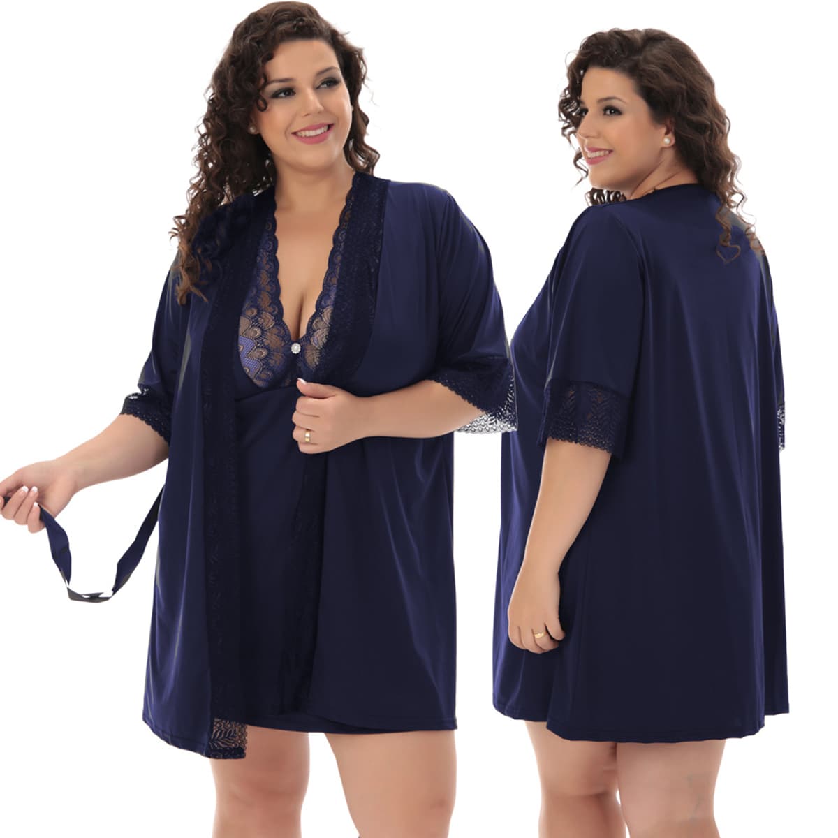 Plus Size Robes & Robe Sets - 藏蓝色 - 查看 1