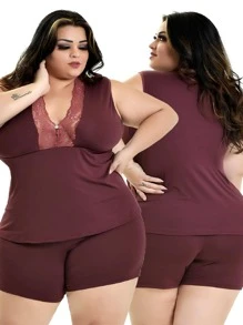 Kit Plus Size Short Doll mais Robe Microfibra e Renda Luxo Moda Feminina | 827.851