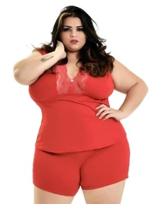 Short Doll Microfibra Plus Size Renda Luxo Grande Pijama Roupa Dormir 827 - Vermelho - Visão 3