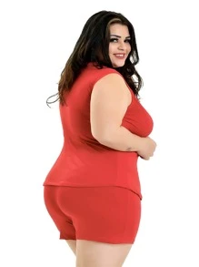 Short Doll Microfibra Plus Size Renda Luxo Grande Pijama Roupa Dormir 827 - Vermelho - Visão 4