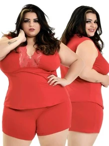 Short Doll Microfibra Plus Size Renda Luxo Grande Pijama Roupa Dormir 827 - Vermelho - Visão 2