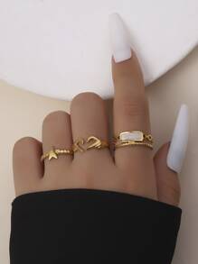 3pcsStainless Steel Golden Five-Pointed Star, Love, Shell Oil Size Adjustable Women's Ring Set, Suitable For Daily Decoration Or Gift Giving