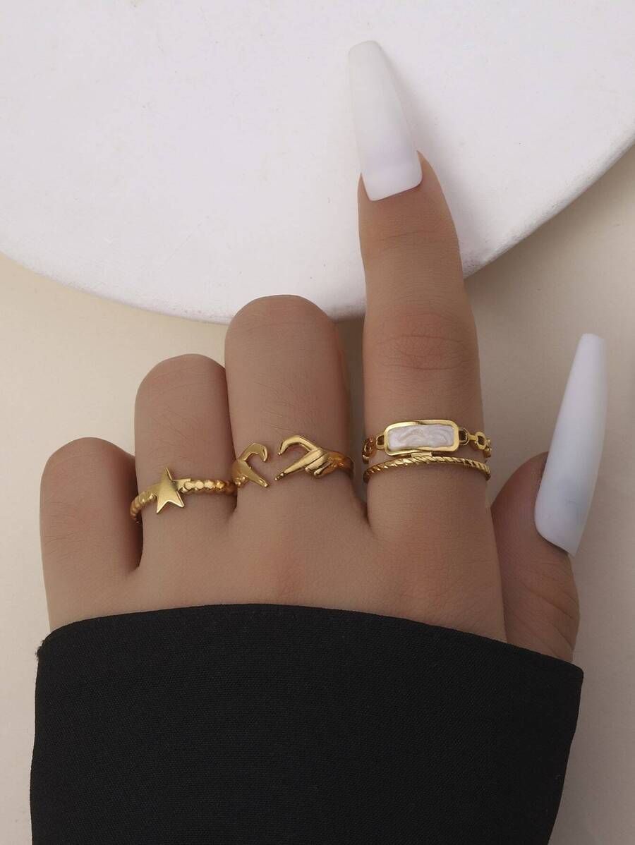 3pcsStainless Steel Golden Five-Pointed Star, Love, Shell Oil Size Adjustable Women's Ring Set, Suitable For Daily Decoration Or Gift Giving
