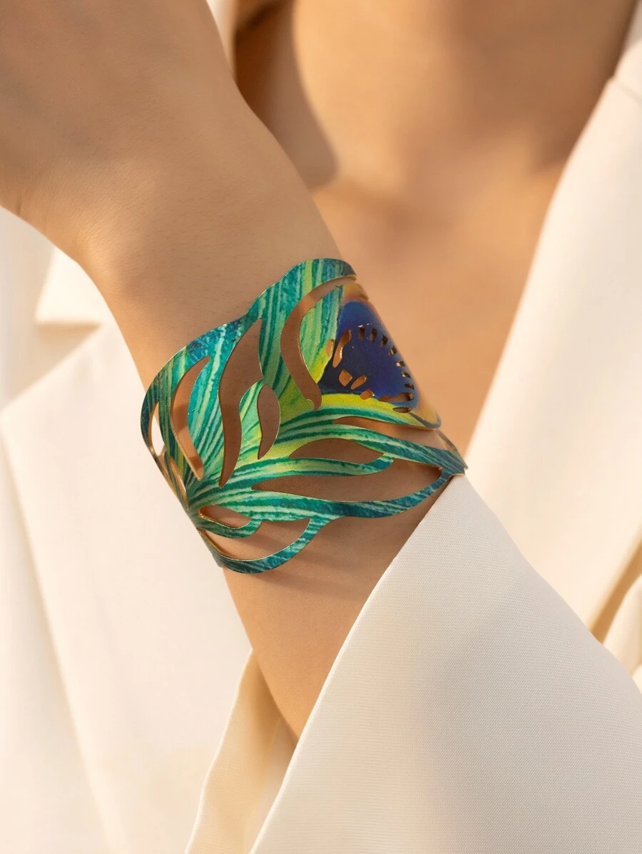 European And American Fashion Design Peacock Feather Open Bangle, Delicate And Luxurious Bracelet - Green - View 1