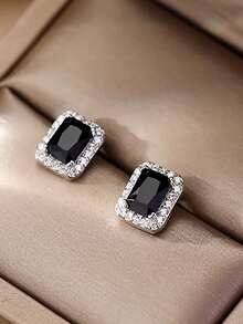 1入組7*5mm綠寶石造型黑色方晶鋯石嘻哈搖滾花樣耳釘男士珠寶和手錶S925純銀白金鍍精細的首飾類日常穿著禮物