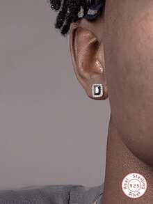 1入組7*5mm綠寶石造型黑色方晶鋯石嘻哈搖滾花樣耳釘男士珠寶和手錶S925純銀白金鍍精細的首飾類日常穿著禮物