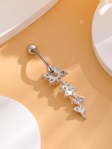 1個經典肚臍環,15顆鋯石鑲嵌花朵設計,不鏽鋼製成,適合女性 - 銀色 - 查看 4