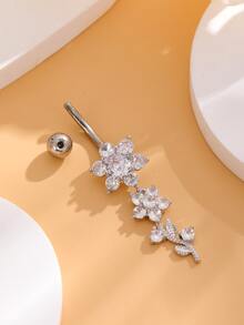1個經典肚臍環,15顆鋯石鑲嵌花朵設計,不鏽鋼製成,適合女性 - 銀色 - 查看 5