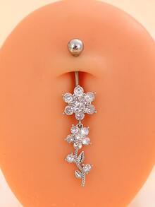 1個經典肚臍環,15顆鋯石鑲嵌花朵設計,不鏽鋼製成,適合女性 - 銀色 - 查看 2
