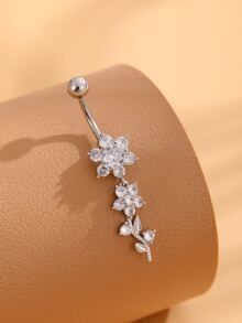 1個經典肚臍環,15顆鋯石鑲嵌花朵設計,不鏽鋼製成,適合女性 - 銀色 - 查看 1