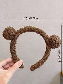 1pc Solid Color Plush & Comfortable Teddy Ear Hairband Suitable For Daily Wear - Brown - View 2