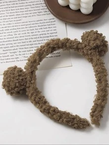 1pc Solid Color Plush & Comfortable Teddy Ear Hairband Suitable For Daily Wear - Brown - View 3