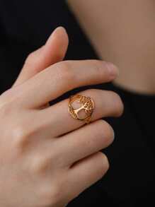 1入組女性不銹鋼鏤空生命之樹情侶戒指首飾類禮品適用於週年紀念日和婚禮,新品到貨 - 金黃色 - 查看 3