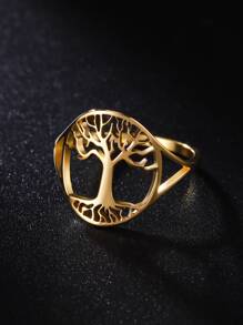 1入組女性不銹鋼鏤空生命之樹情侶戒指首飾類禮品適用於週年紀念日和婚禮,新品到貨 - 金黃色 - 查看 2