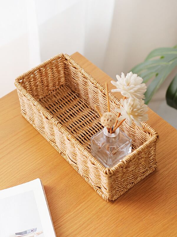 1pc Woven Rattan-like Square Storage Box Basket For Desktop Organizing Retail Storage