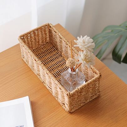1pc Woven Rattan-like Square Storage Box Basket For Desktop Organizing Retail Storage