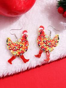 1對丙烯酸雙面可換式聖誕帽和雞形下垂耳環,適合女性在聖誕節穿戴