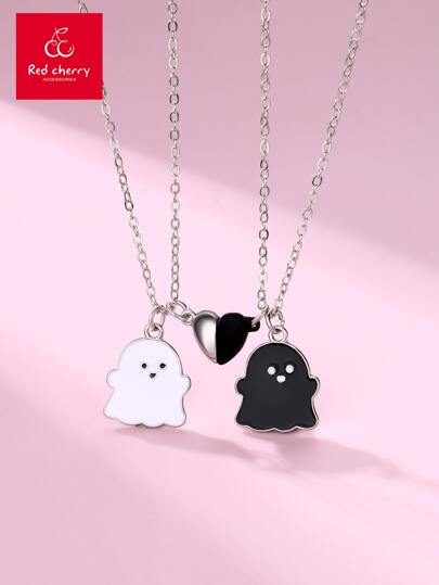 2入組女孩鬼形鋅合金黑色&白色油心項鏈套裝適用於日常穿著
