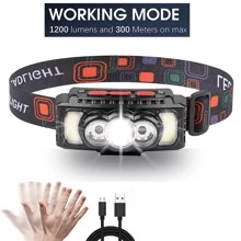 jihuo 手电筒头灯，1200 流明超轻明亮 LED 可充电头灯，带白光和红光，1 个运动传感器头灯，7 种模式适用于户外露营、跑步、骑自行车、钓鱼、露营配件 - 黑色 - 查看 2