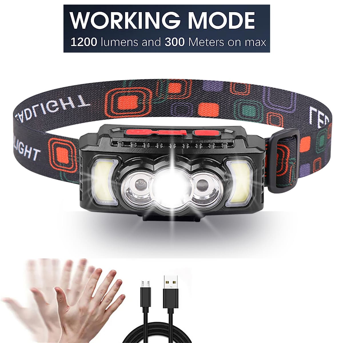 jihuo 手电筒头灯，1200 流明超轻明亮 LED 可充电头灯，带白光和红光，1 个运动传感器头灯，7 种模式适用于户外露营、跑步、骑自行车、钓鱼、露营配件