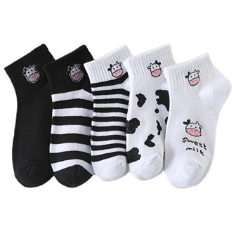 5 paires Chaussettes Pour Femme Décontracté Style Japonais Motif Vache Court