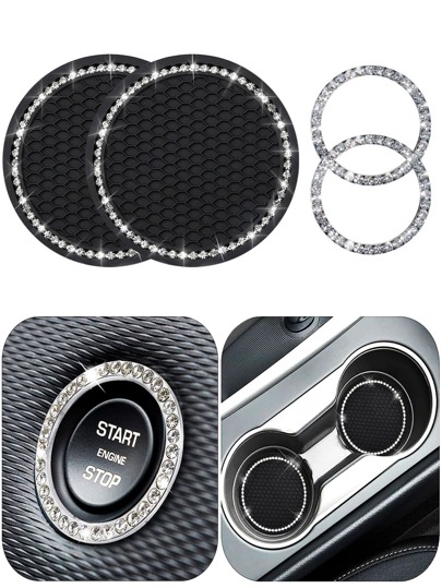 1pair Car Cup Pad & 2pcs Engine Start Stop Button Ring & 2pcs  Decoration Ring